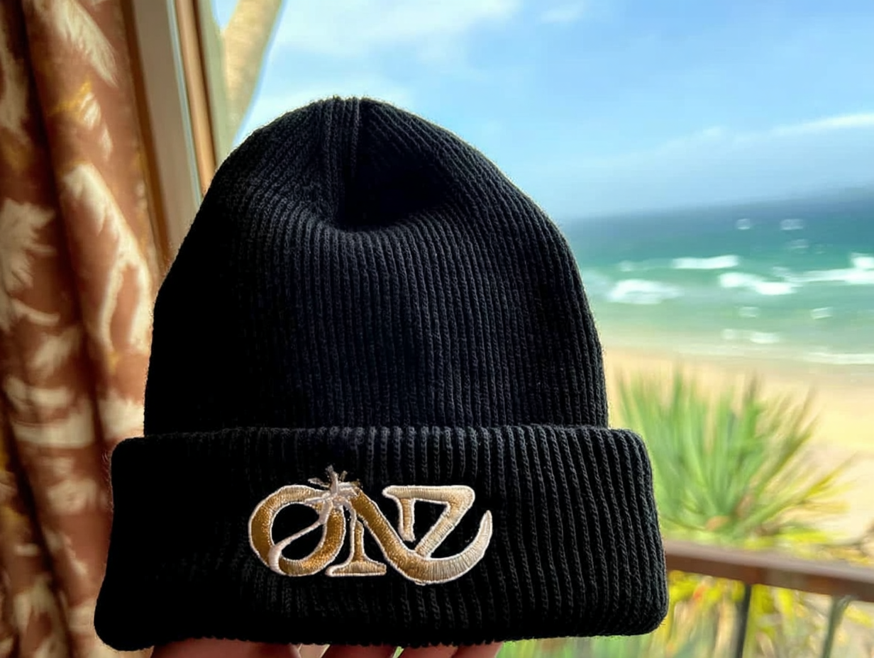 ONZ Luxury Ribbed Knit Beanie - Black Embroidered Streetwear Hat (Unisex)