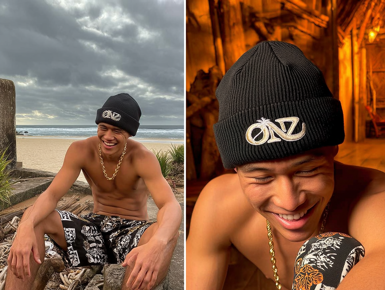 ONZ Luxury Ribbed Knit Beanie - Black Embroidered Streetwear Hat (Unisex)